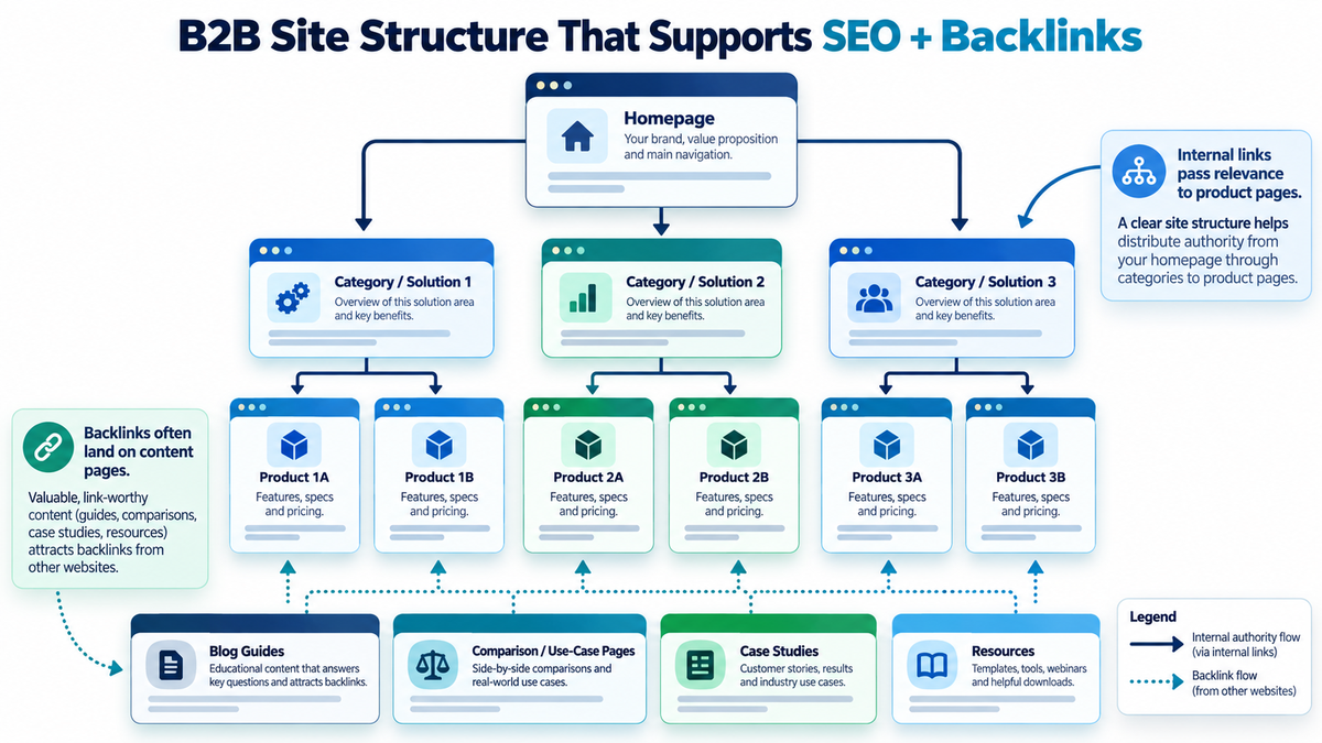 Example B2B website hierarchy connecting solution, product and resource pages