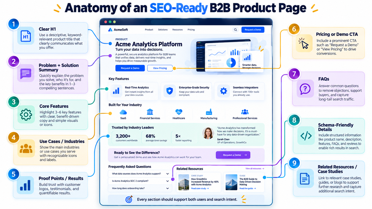Key elements of an SEO-ready B2B product page (illustrative layout)