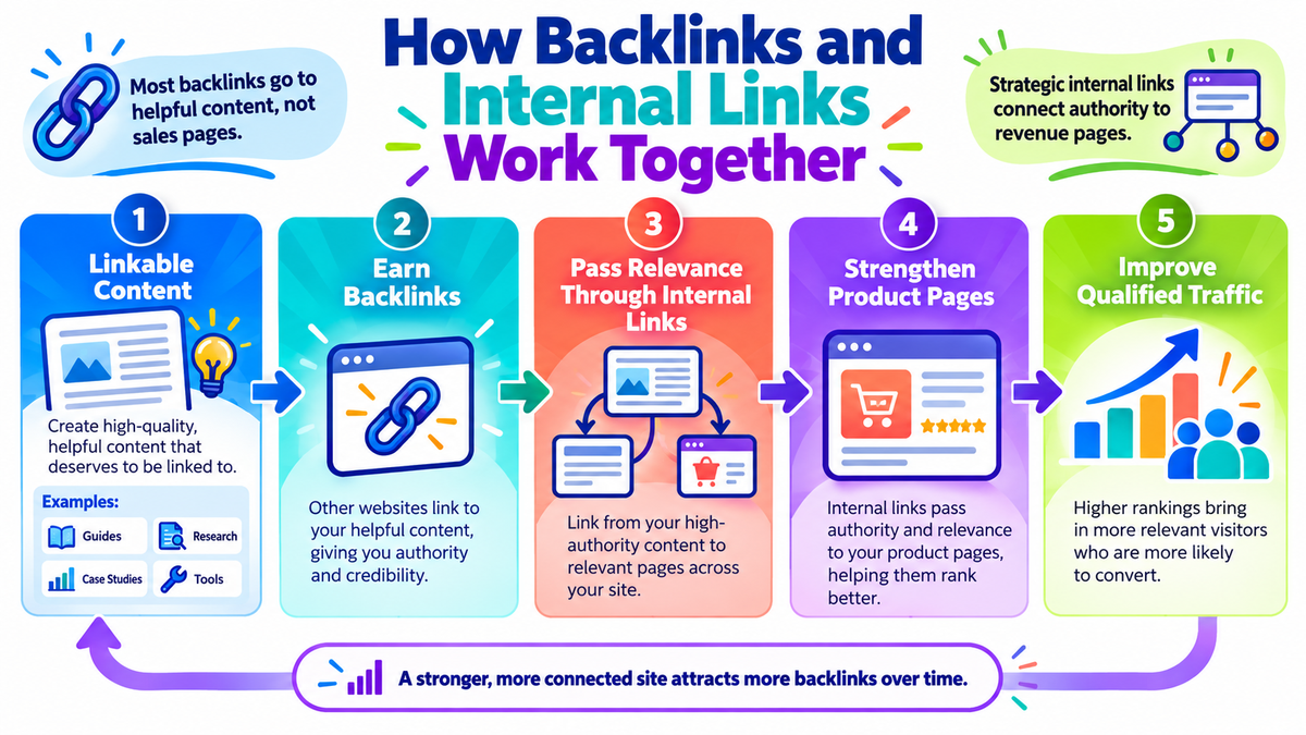 How backlinks and internal links connect resources to relevant product pages (illustrative)