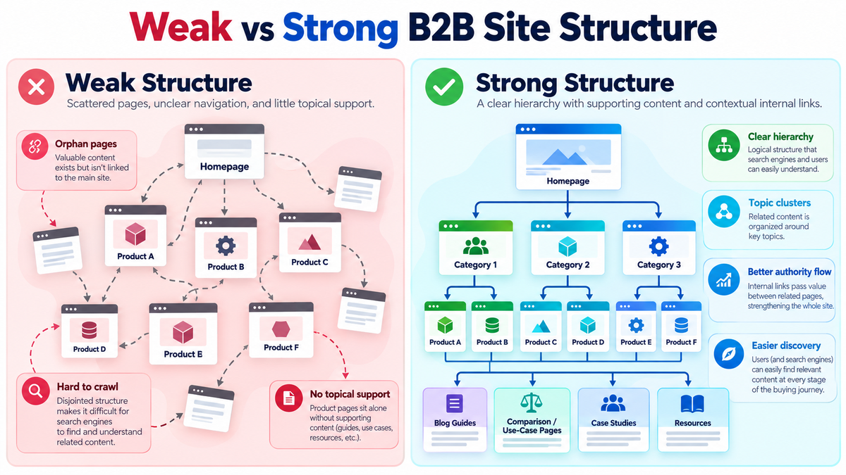 Weak versus strong B2B website structures (illustrative)