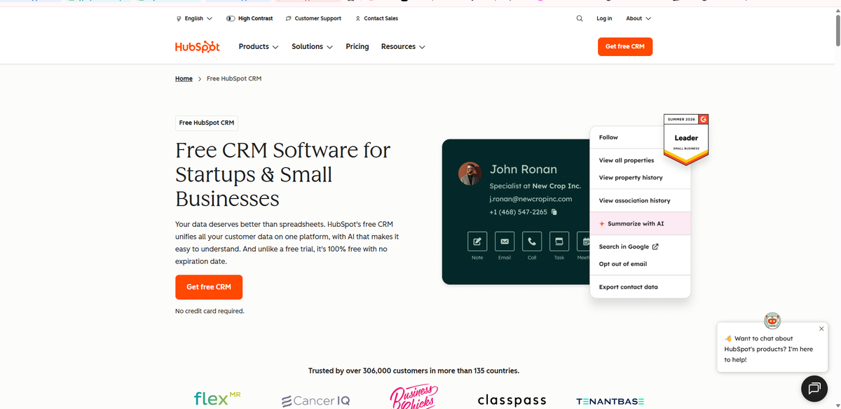 HubSpot free CRM product page showing the product headline, breadcrumb navigation, interface preview, and primary CTA
