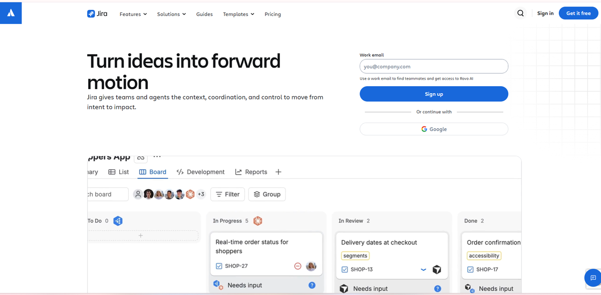 Jira product page showing its navigation, introduction, product interface, and sign-up option