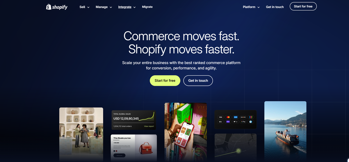 Shopify commerce platform homepage showing product-area navigation and calls to action