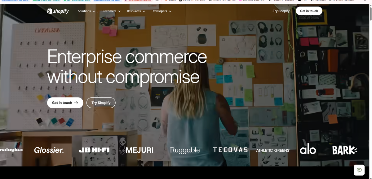 Shopify Plus enterprise homepage showing its enterprise messaging and navigation