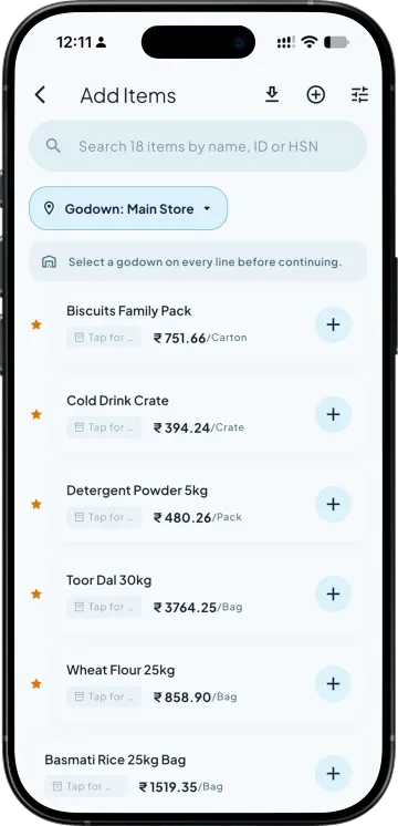 Adding items to a document with the godown picked at the top and a rate on every item
