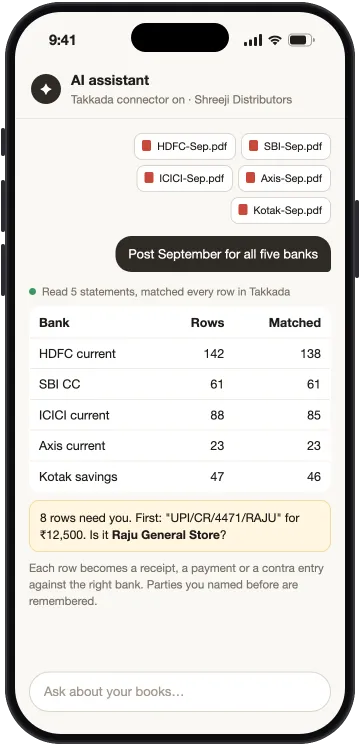 AI assistant matching five bank statements at once, with rows matched per bank and the few it needs answered