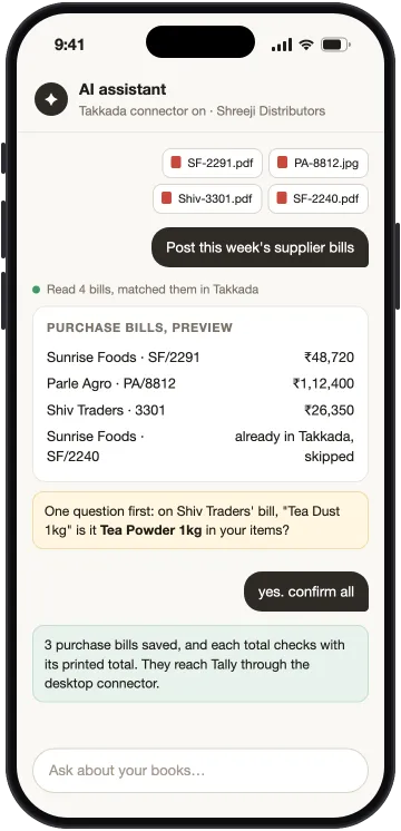 AI assistant reading four supplier bills at once, skipping one already posted, asking one item question, then saving after confirm