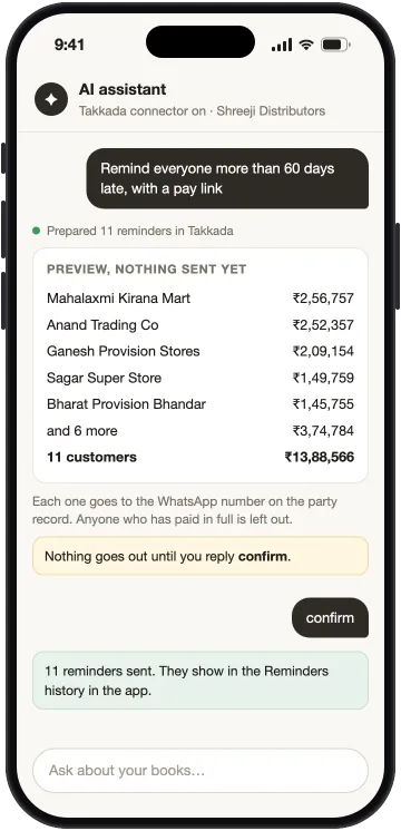 AI assistant preparing WhatsApp reminders for eleven late customers at once, sent only after confirm