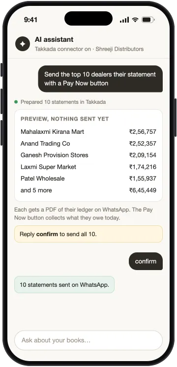 AI assistant sending ledger statements with a Pay Now button to the ten biggest balances after one confirm