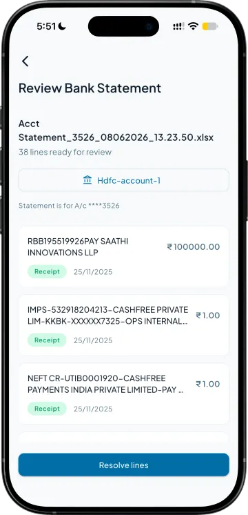 A bank statement read into the app, each line marked as a receipt