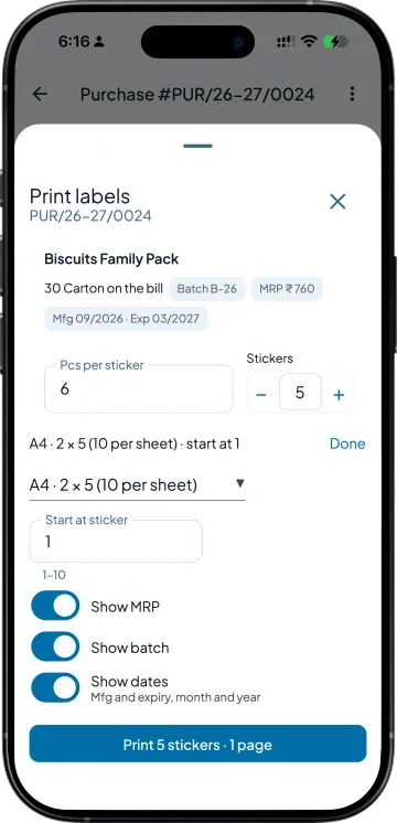 Label options with Show MRP, Show batch and Show dates switched on for a batch line