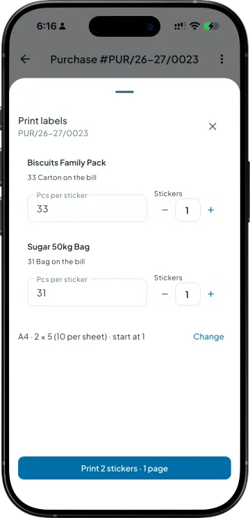 Print labels from a purchase bill, with pieces per sticker and the number of stickers for each line