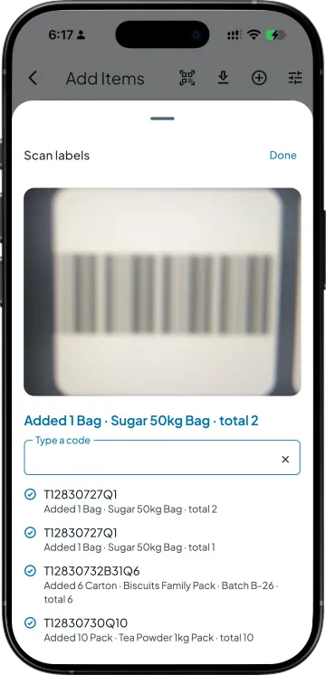 Scan labels sheet on a bill, each scanned sticker adding its box quantity