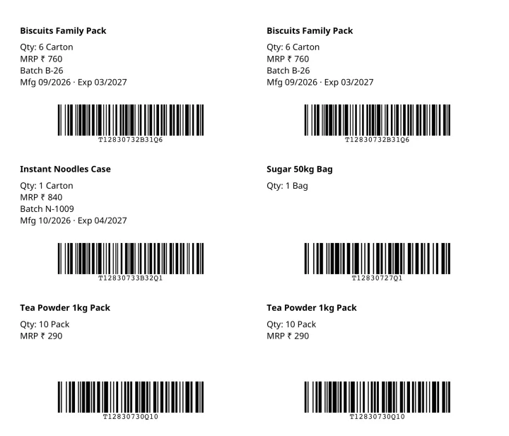 A4 sticker sheet with item name, box quantity, MRP, batch and dates above each barcode
