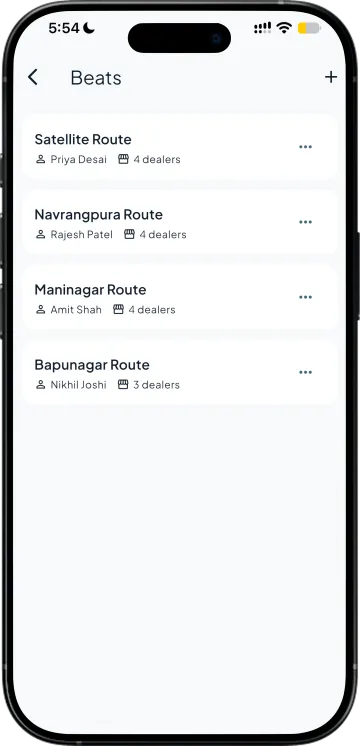 Beats listing each route with its salesman and dealer count