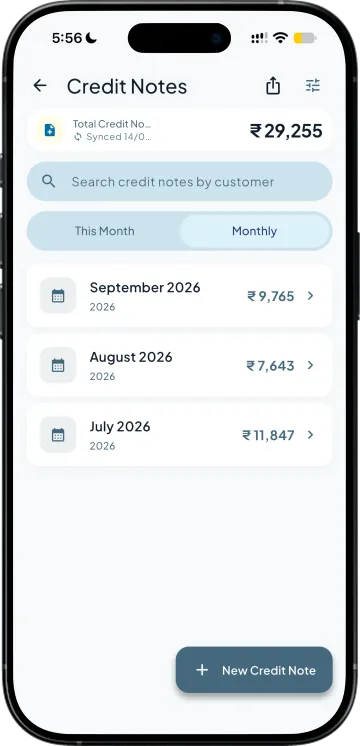 The credit notes register by month with a New Credit Note button