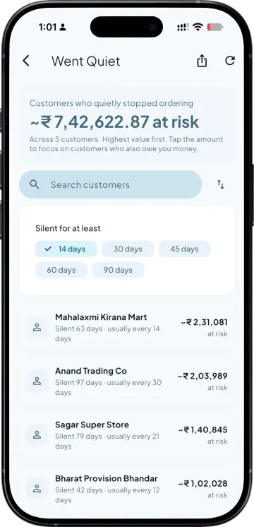 Customers who quietly stopped ordering, with the value at risk and how long each has been silent