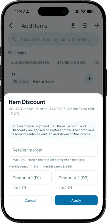 Item Discount sheet with retailer margin, D1 and D2 and the maximum for each field