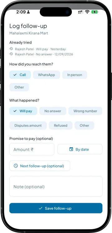 Follow-up log with call outcome and promise to pay