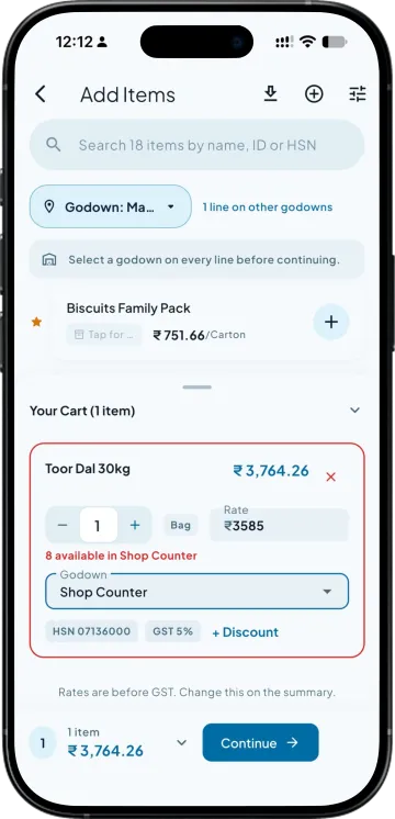 Adding items with a godown picked per line and the stock available in that godown
