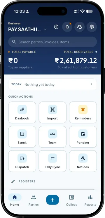 Takkada home screen showing total receivable and quick action tiles
