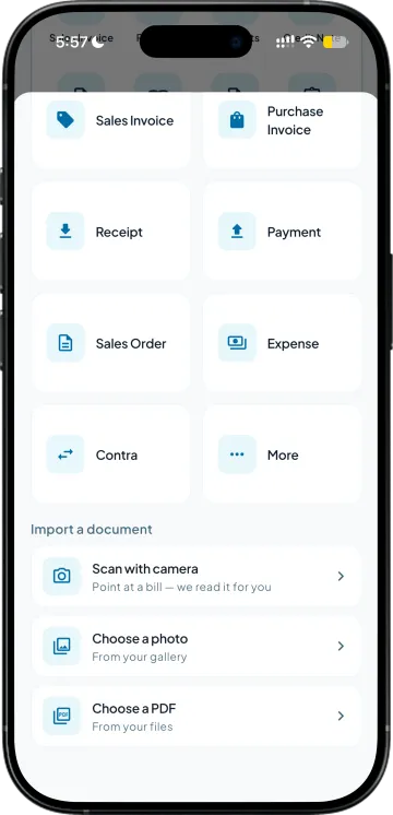 The create sheet with Import a document: scan with camera, choose a photo or a PDF