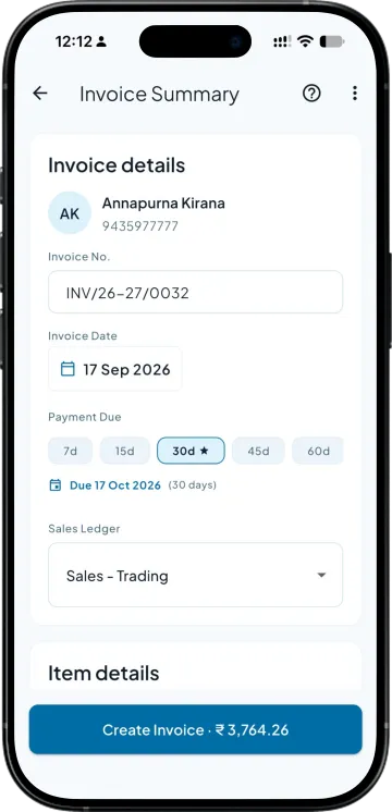 Invoice summary with the party, invoice number, date and payment terms