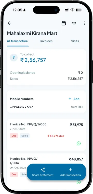 A party's ledger with the amount to collect and each invoice's due status