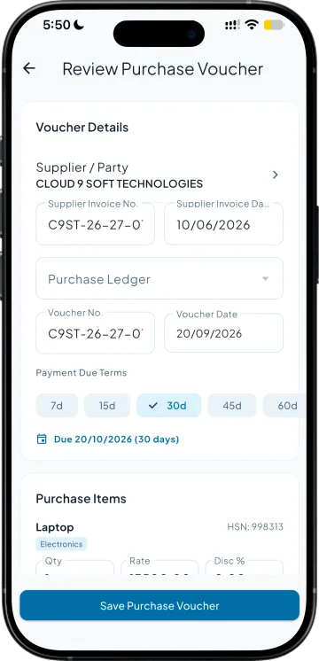 Reviewing an imported purchase voucher before it is saved