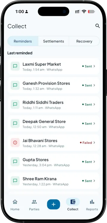 Reminders tab listing each party's last WhatsApp reminder as sent or failed