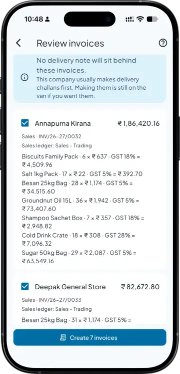 Review screen creating seven invoices in one go