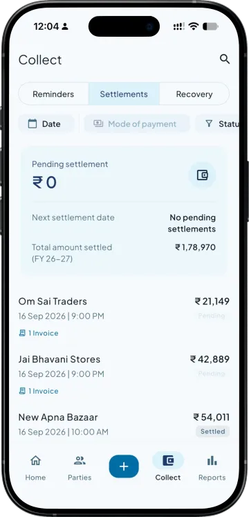 Payment settlements listed by party as pending or settled