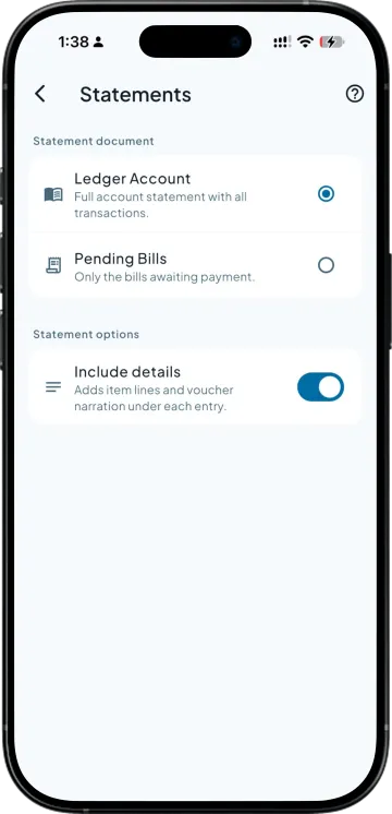 Statement options: a full ledger account or only pending bills, with item lines included