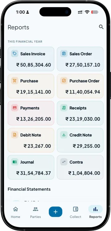 Reports screen with this financial year's total for each voucher type