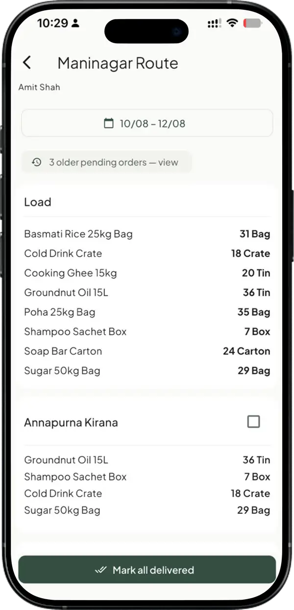 Dispatch load sheet in Takkada totalling the items to load for one route, with the per-dealer breakdown below