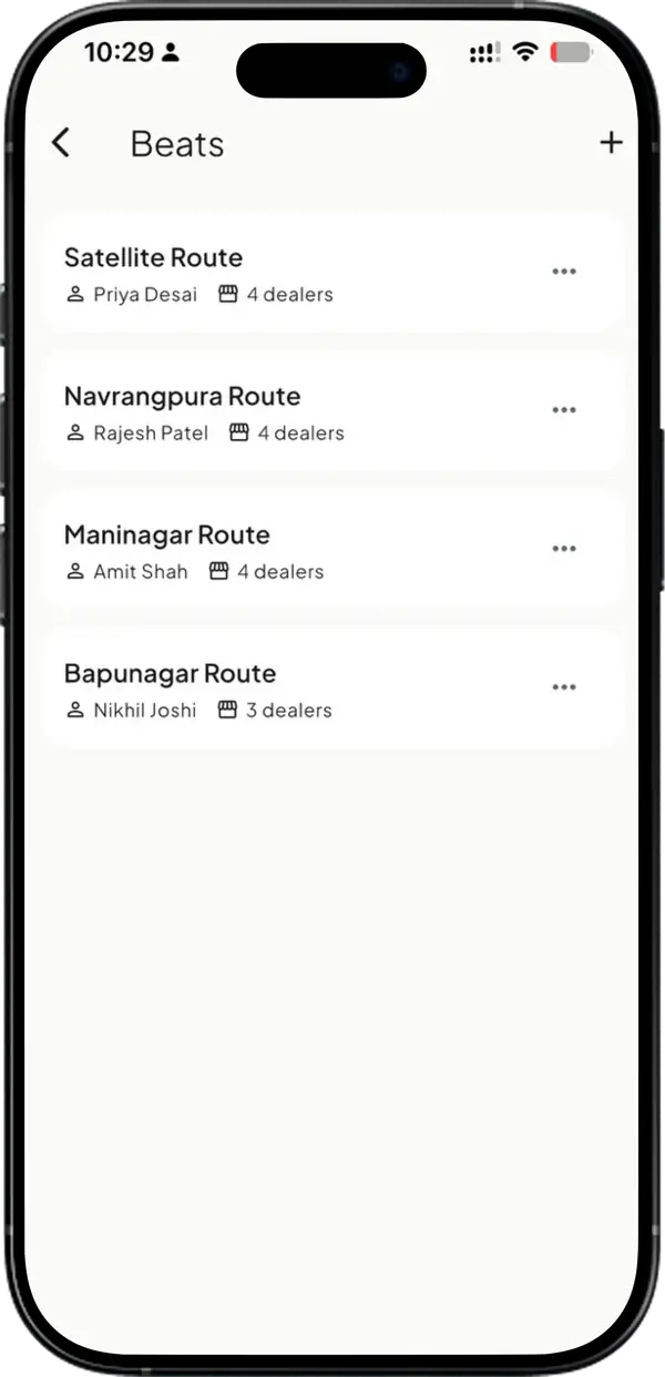 Beats screen in Takkada listing named routes, each with its salesman and dealer count