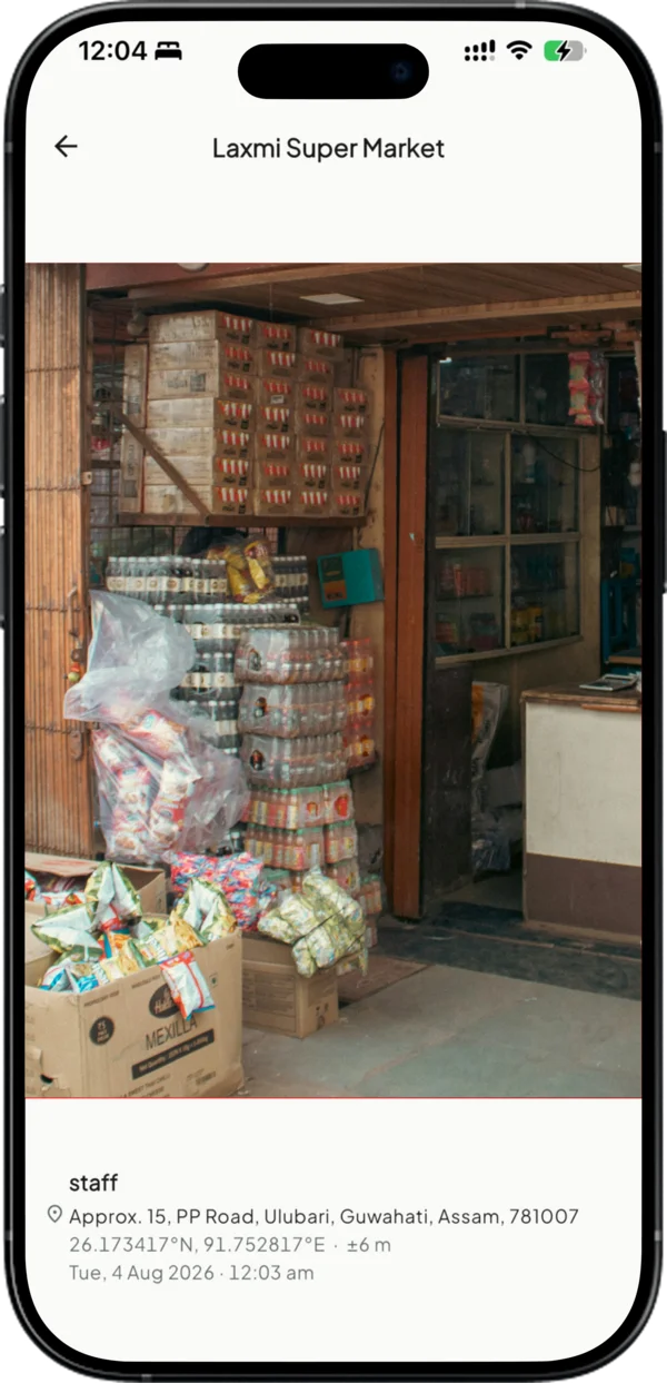 Geo-tagged, time-stamped field visit photo of a dealer shop in Takkada
