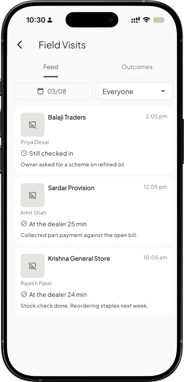 Field visit feed in Takkada showing salesmen checked in at dealers