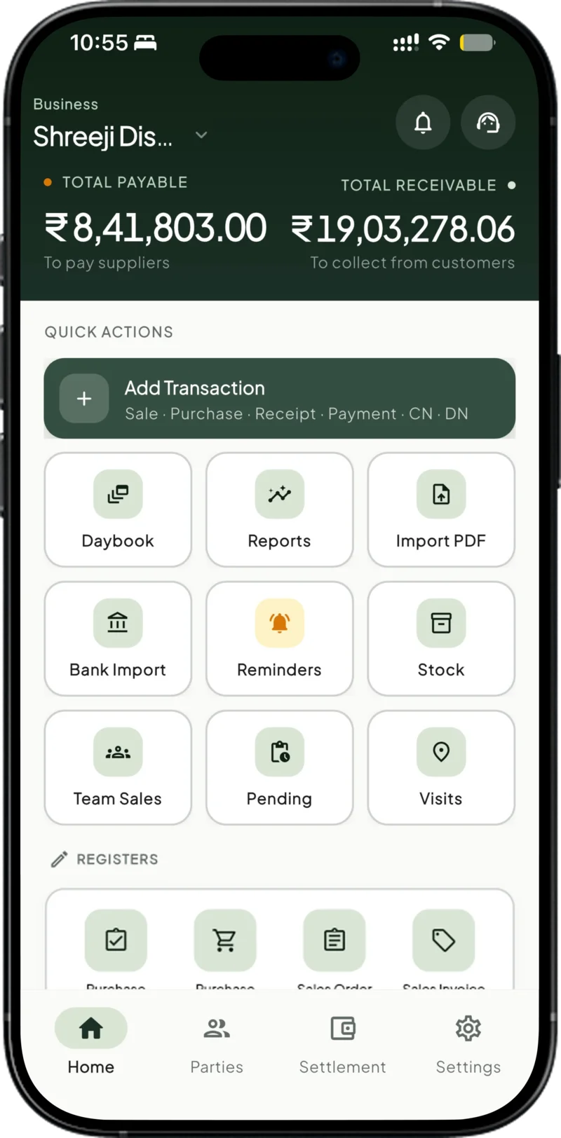 Takkada home screen showing receivables dashboard