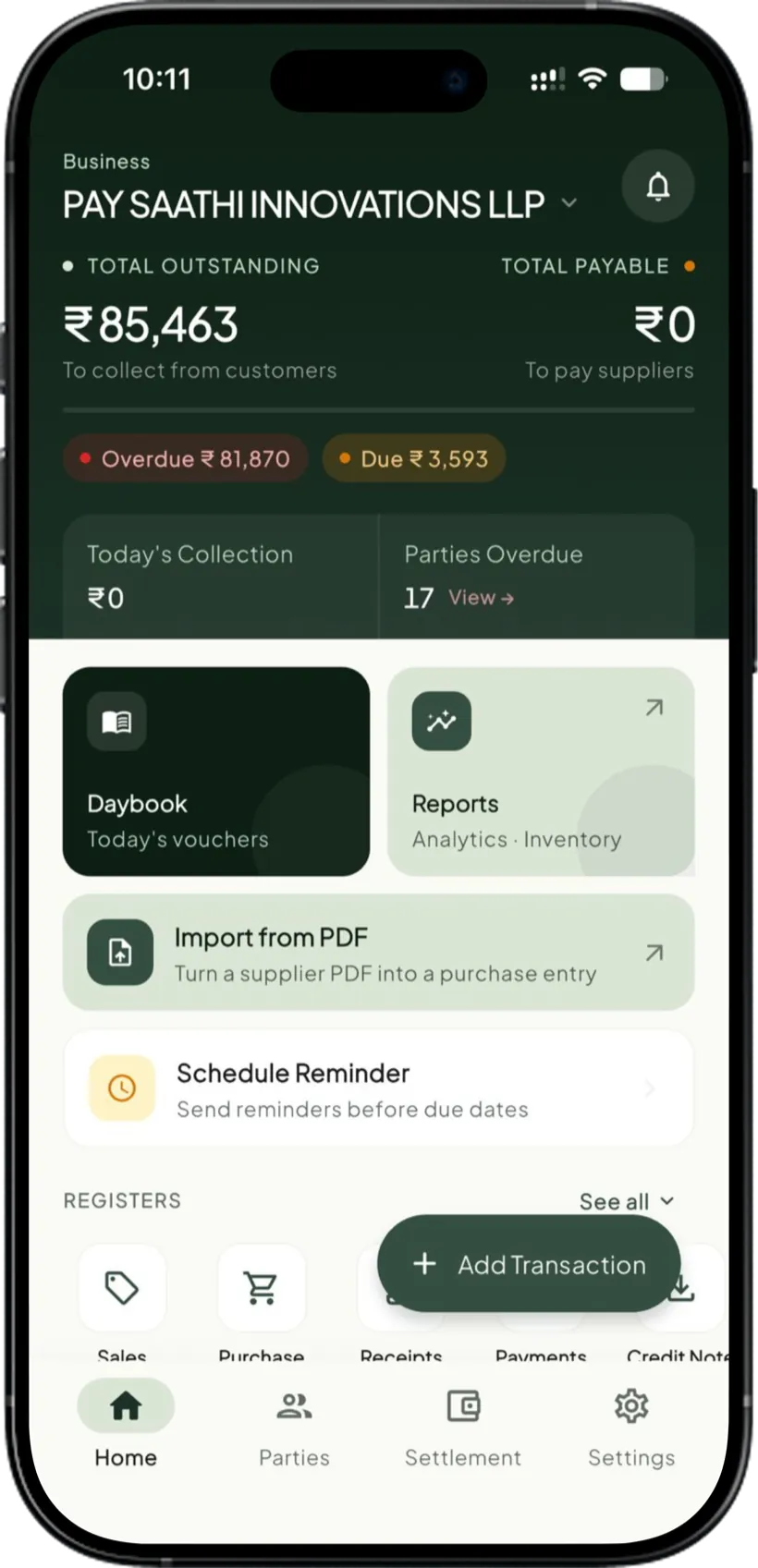 Takkada home screen showing receivables dashboard