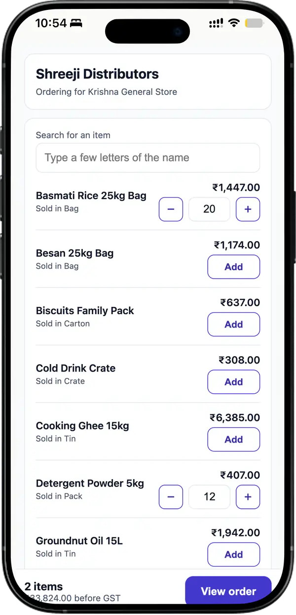 A distributor’s ordering link open on a phone, showing priced items, quantity steppers and a running order total before GST