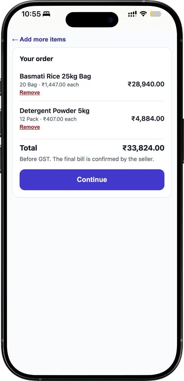 Order review screen listing each item with its rate, its amount and the total before GST