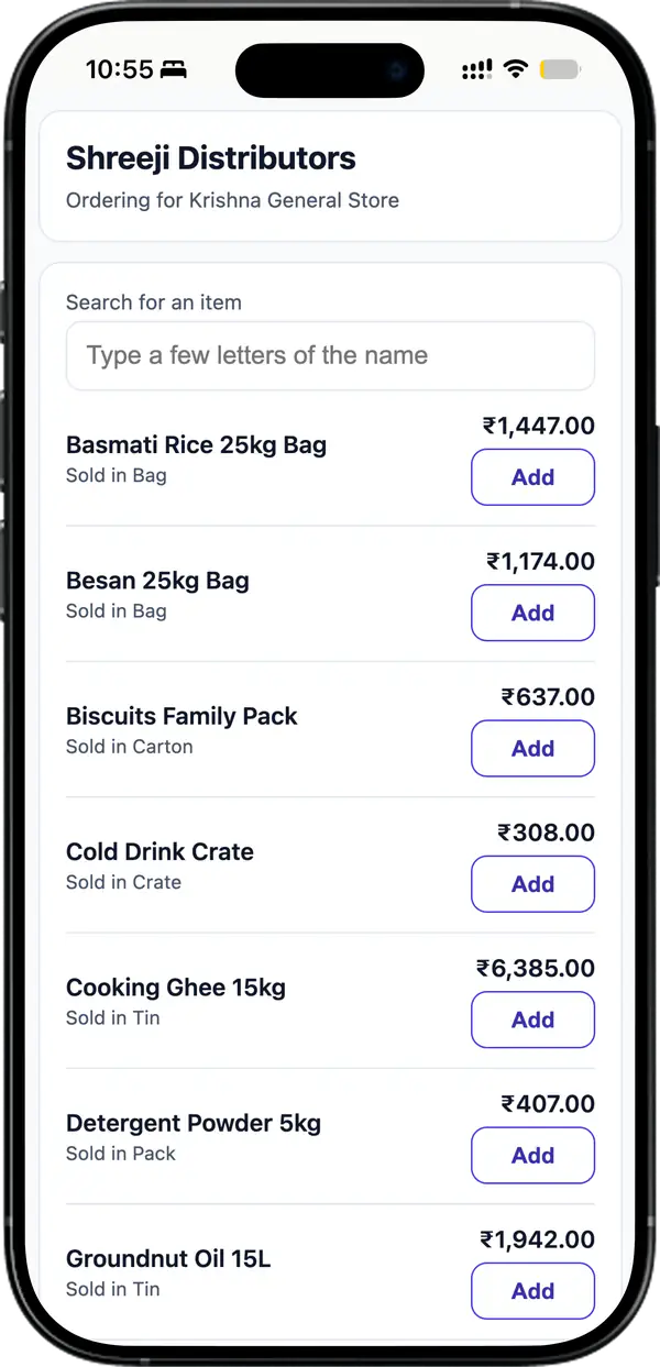 Ordering link opened for a named retailer, showing the item list with a price and an Add button against each item