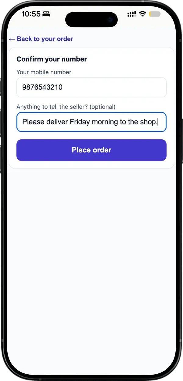 Confirmation step asking only for a mobile number and an optional note to the seller