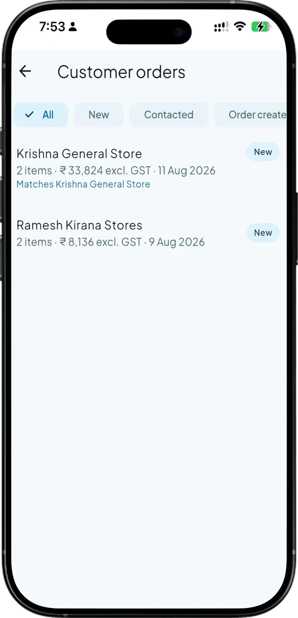 Merchant inbox listing incoming customer orders, each with its item count, value before GST and the party it matched in the books