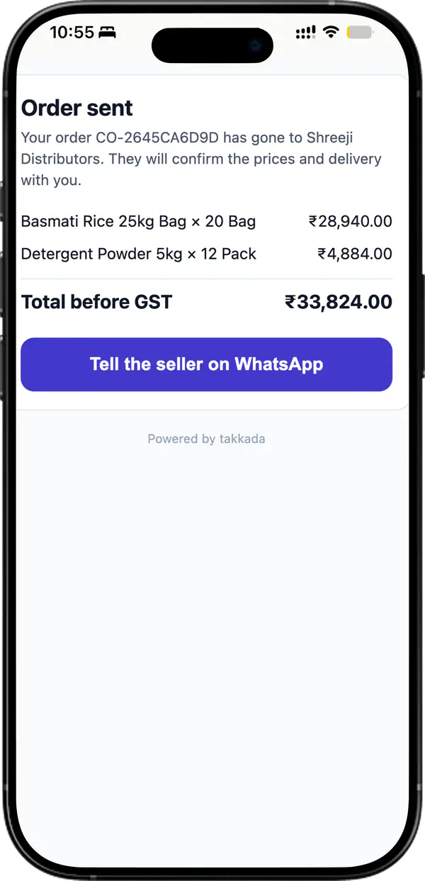 Order sent screen showing the order reference, the item lines, the total before GST and a button to tell the seller on WhatsApp