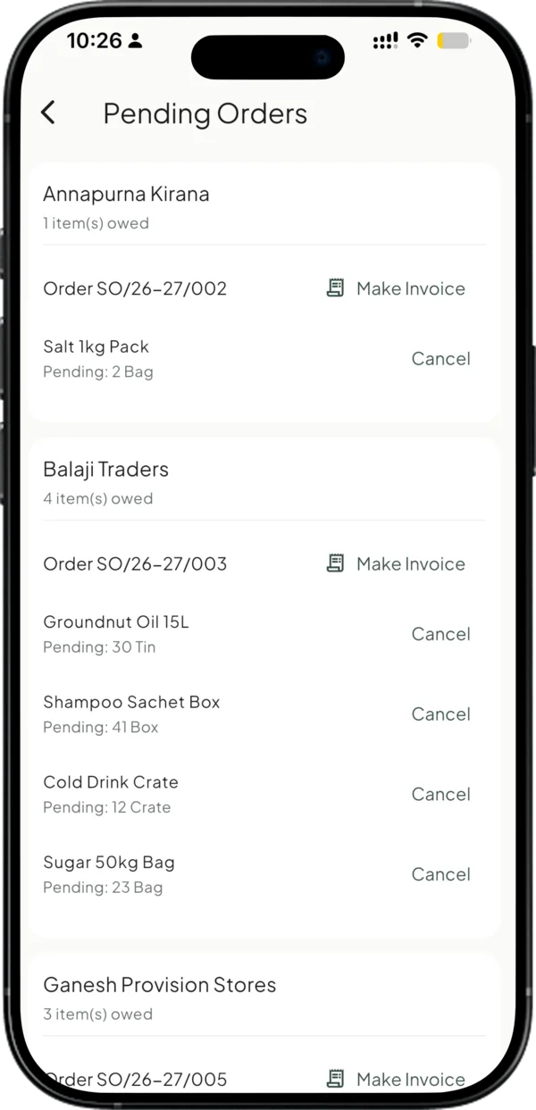 Pending order items in Takkada, each with a Make Invoice action